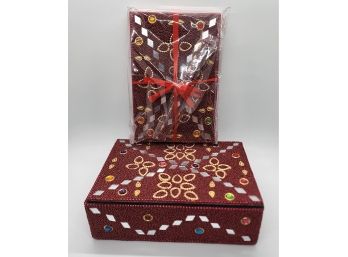 Red Beaded Box With Diary & Pen