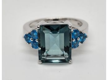Incredible Emerald Cut Teal Fluorite & Neon Apatite, Rhodium Over Sterling Ring