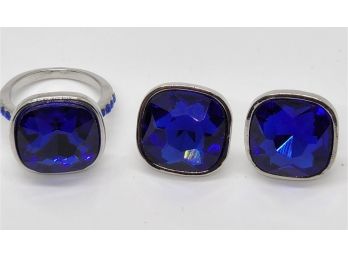 Faux Blue Magic Color Topaz, Blue Austrian Crystal Ring & Earrings