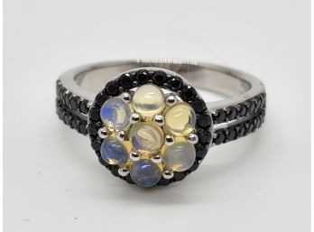 Ethiopian Opal & Black Spinel Rhodium Over Sterling Ring