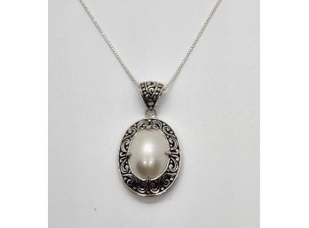 Bali, White Mabe Pearl Pendant Necklace In Sterling