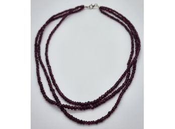 Rhodolite Garnet Beaded Triple Strand Necklace In Sterling