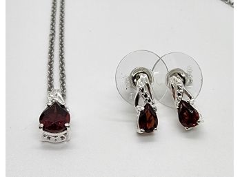 Garnet Earrings & Pendant Necklace In Sterling & Stainless