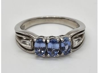 Ceylon Blue Sapphire & White Zircon Ring In Platinum Over Sterling