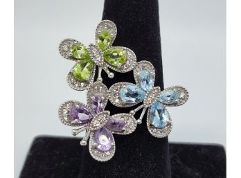 3 Butterflies Crafted With Blue Topaz,  Peridot, Amethyst & White Zircon In Rhodium Over Sterling