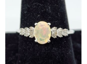 Magnificent Ethiopian Welo Opal & Diamond Ring In Platinum Over Sterling