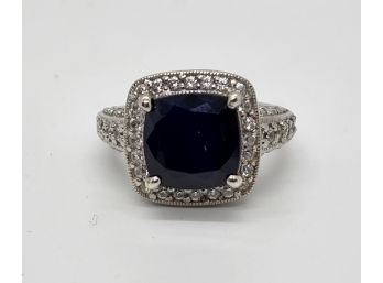Blue Sapphire & Natural White Zircon Ring In Sterling
