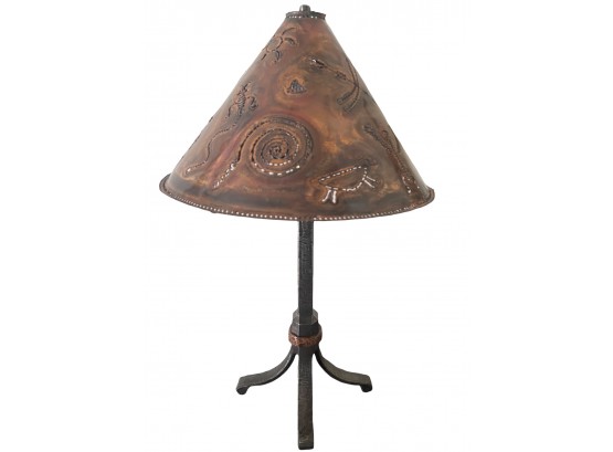 Vintage Hand Cast Iron Lamp With Primitive Copper Pierced Shade