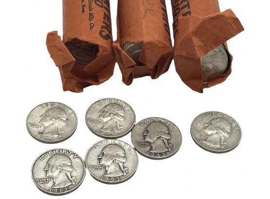 Three Rolls Of 1952-64 US Silver Quarters