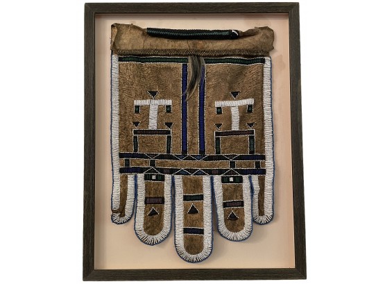 Framed Antique Native American Beaded Buckskin Leather Textile (B) 23' X 29'