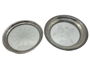 Two Sterling Silver Rimmed Wine Coasters With Glass Inserts
