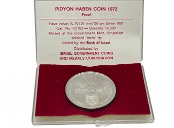 1972 Pidyon Haben 900  Silver Proof Coin From Israel .84 Ozt
