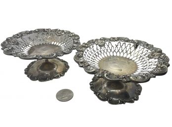 Antique Pair Of Sterling Silver Open Work Pedestal Bowls 14.14 Toz