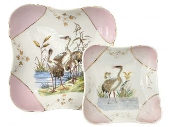 Two Antique Gilded Porcelain Hand Painted Serving Bowls Featuring Storks