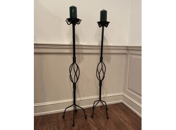 Tall Pair Wrought Iron Pillar Candle Floor Stands