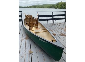 Old Town Stillwater Canoe 14ft X 38.5in Cane Wood Seats Includes Folding Adirondack Chairs Beaver Tail Paddles