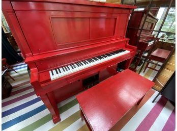 O.W. Wuertz Player Piano 58.5x28.5x54' W 7 QRS Music Roll Red Upright Vintage Player Piano Plays Beautifully