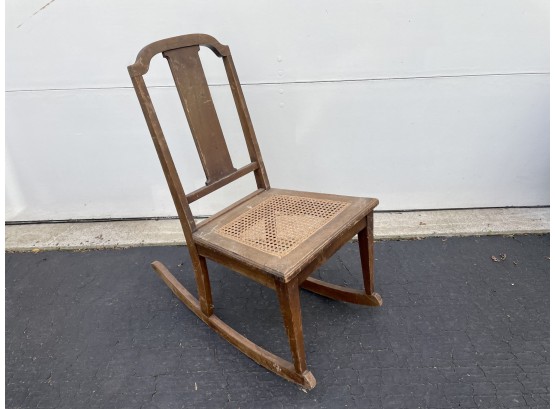 Antique Rocking Chair With Caned Seat In Original Dry Wood Finish