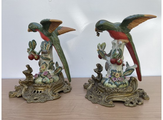Pair Of Exquisite Porcelain & Bronze Parrot Figures