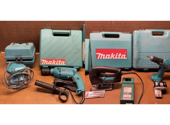 Four Makita Power Tools Including Finishing Sander, Hammer Drill, Jig Saw & Battery Operated Drill