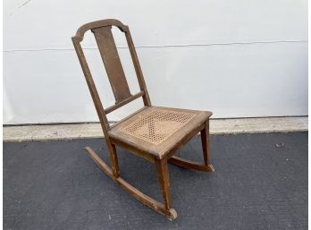 Antique Rocking Chair With Caned Seat In Original Dry Wood Finish