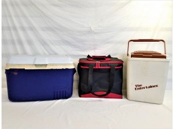 Three Various Size Coolers: Rubbermaid. Igloo And Entertainment