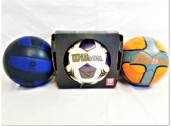 Three Soccer Balls: Old Navy, Baden, Wilson For All Levels Of Play