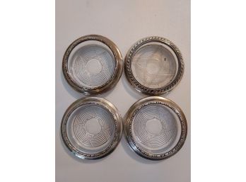 4 Sterling Silver And Glass Coasters