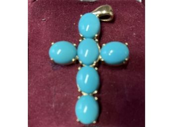 14k Gold And Turquoise Crucifix Necklace.   1 1/2 Long X 1inch Wide