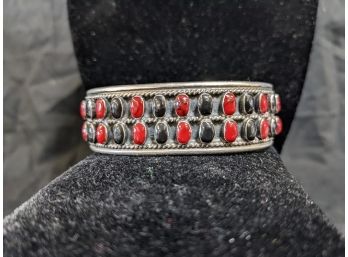 Sterling Silver Large Onyx And Coral (?) 'Mexico' Stamped Cuff Bracelet