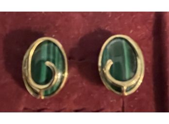 Pr, 14k Gold Malachite Earrings . 1/2 X 1/2 Inches . Excellent Condition