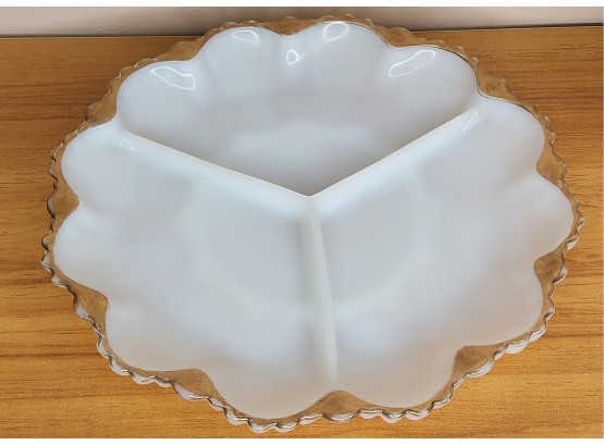 Vintage Anchor Hocking Fire King White Milk Glass 3 Section Plate W/Gold Trim