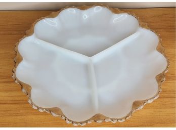 Vintage Anchor Hocking Fire King White Milk Glass 3 Section Plate W/Gold Trim