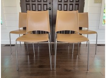 Crate & Barrel Leather Dining Chairs W Tone On Tone Stitch Upholstery  - Made In Italy ( Set Of 4 )
