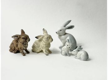 Antique Miniature Rabbit Figurines ( 2 Cast Iron, 3 Porcelain )