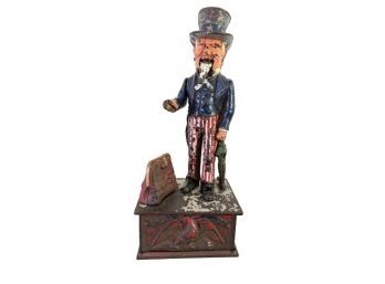 Antique Cast Iron Uncle Sam Mechanical Toy Bank  ( See Receipt)