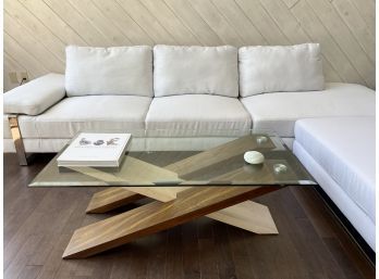 Two Tone X Base Coffee Table W Beveled Glass Top