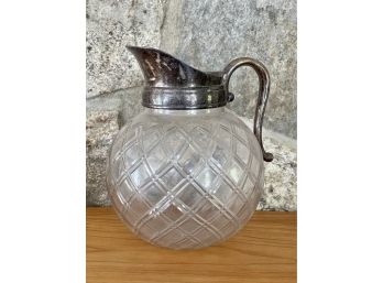 Vintage Cut Glass Criss Cross Pattern Pitcher W Silver Plated Pour Spout And Handle