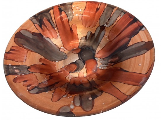 Vintage Metal Enameled Centerpiece Art Glass Bowl 16'