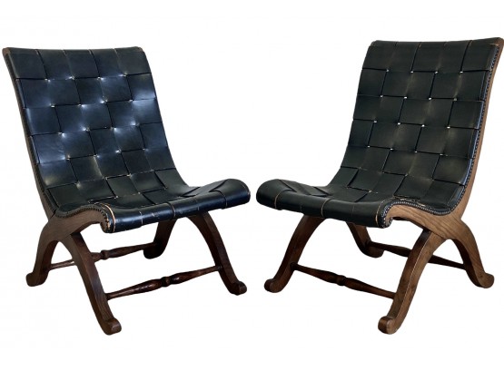 Iconic Pair Of Early 1960s Pierre Lottier Leather Strap Slipper Chairs