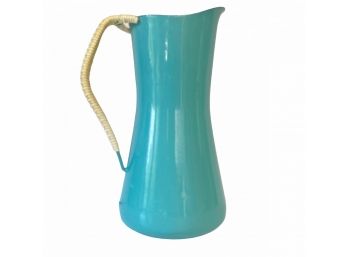 Vintage Dansk Turquoise Kobenstyle Pitcher With White Wicker Handle 10' Tall