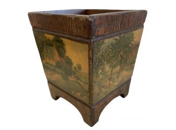 Vintage Decoupage Pine Waste Basket With 19th C. Scenes