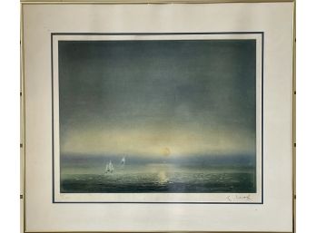 Sign & Numbered T. Cox ? Sail Boat Landscape Lithograph 31' X 26'