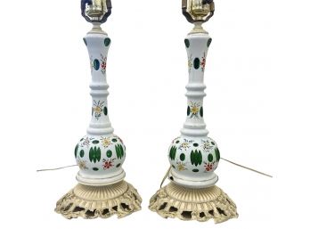 Pair Of Antique White Cut To Emerald Bohemian Art Glass Table Lamps 24'