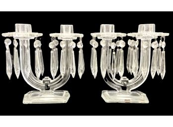 Pair Of Small Cut Glass Candelabras With Detachable Chrystal Pendants 8' X 3' X 7.25