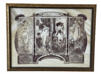 Antique Slag Glass Etching Of Four Seasons Ladies 17' X 13'