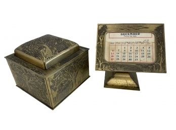 Antique Brass Inkwell & Perpetual Calendar