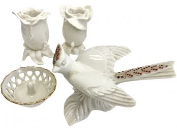 Vintage Lenox 'Rose Bud' Candle Holders, Ring Dish And Bird Figurine