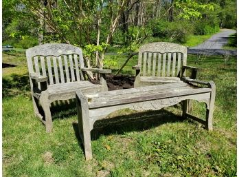 Set Of (3) Outdoor Teak Carved Chairs And Bench