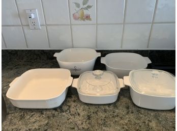 Group Of Five White Casserole Dishes & Two Lids
